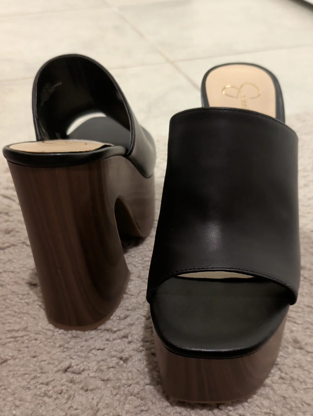 Jessica Simpson Black Platform Slide Sandals with Wood-Look Block Heel